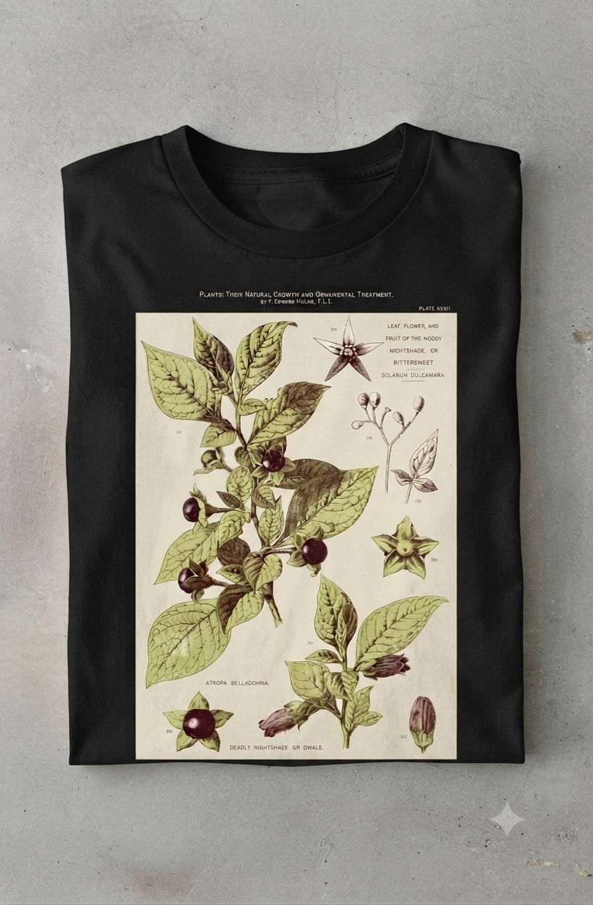 Belladonna Tee, botanical print on black cotton