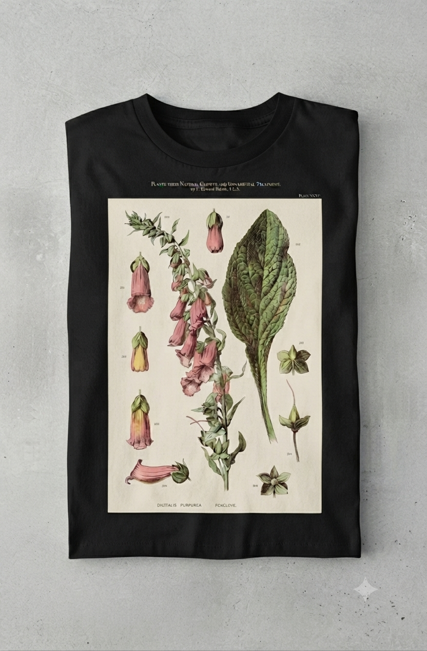 Foxglove Drop Tee, botanical print on black cotton